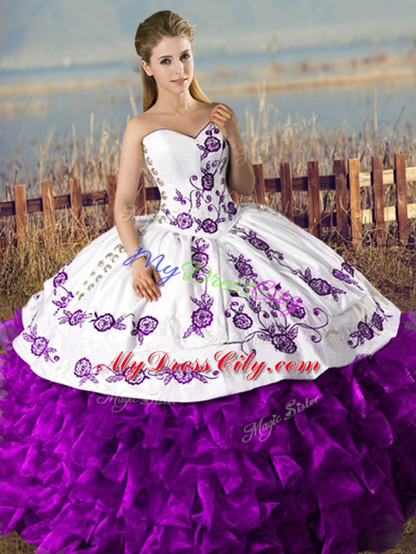 Shining Sleeveless Floor Length Embroidery and Ruffles Lace Up Quince Ball Gowns with White And Purple