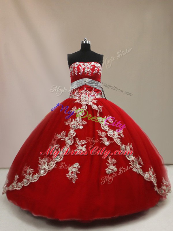 Red Sleeveless Tulle Lace Up Quinceanera Gowns for Sweet 16 and Quinceanera