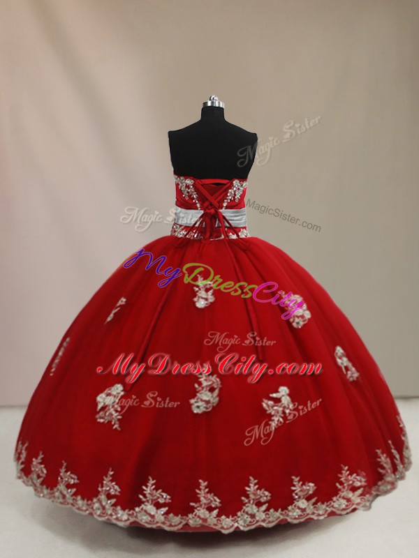 Red Sleeveless Tulle Lace Up Quinceanera Gowns for Sweet 16 and Quinceanera