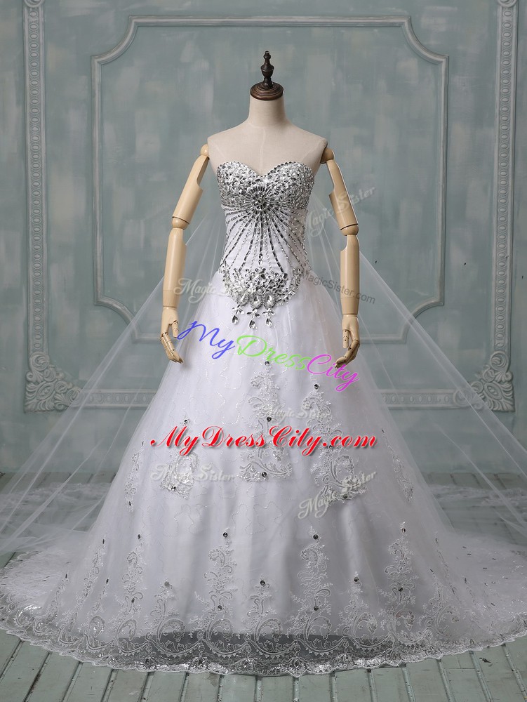 Dazzling White Sleeveless Beading and Lace Lace Up Wedding Dresses