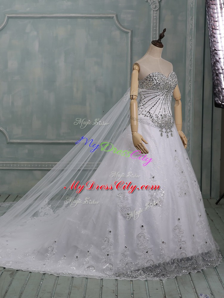 Dazzling White Sleeveless Beading and Lace Lace Up Wedding Dresses