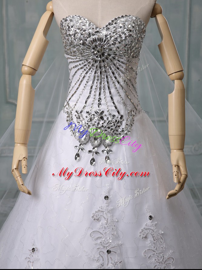 Dazzling White Sleeveless Beading and Lace Lace Up Wedding Dresses