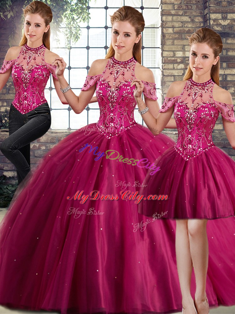 Modern Tulle Halter Top Sleeveless Brush Train Lace Up Beading Quinceanera Gown in Fuchsia