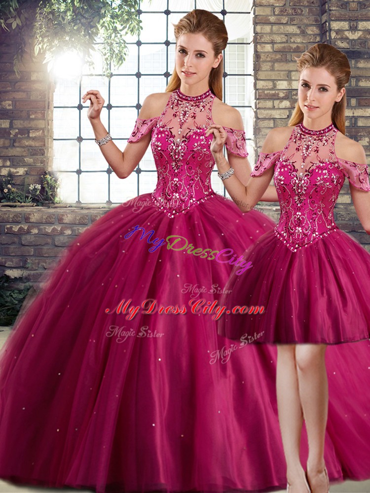 Modern Tulle Halter Top Sleeveless Brush Train Lace Up Beading Quinceanera Gown in Fuchsia