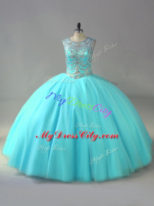 Admirable Aqua Blue Organza Lace Up Scoop Sleeveless Sweet 16 Quinceanera Dress Beading