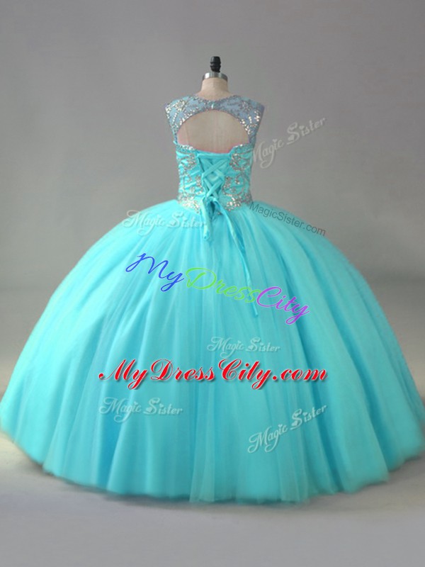 Admirable Aqua Blue Organza Lace Up Scoop Sleeveless Sweet 16 Quinceanera Dress Beading