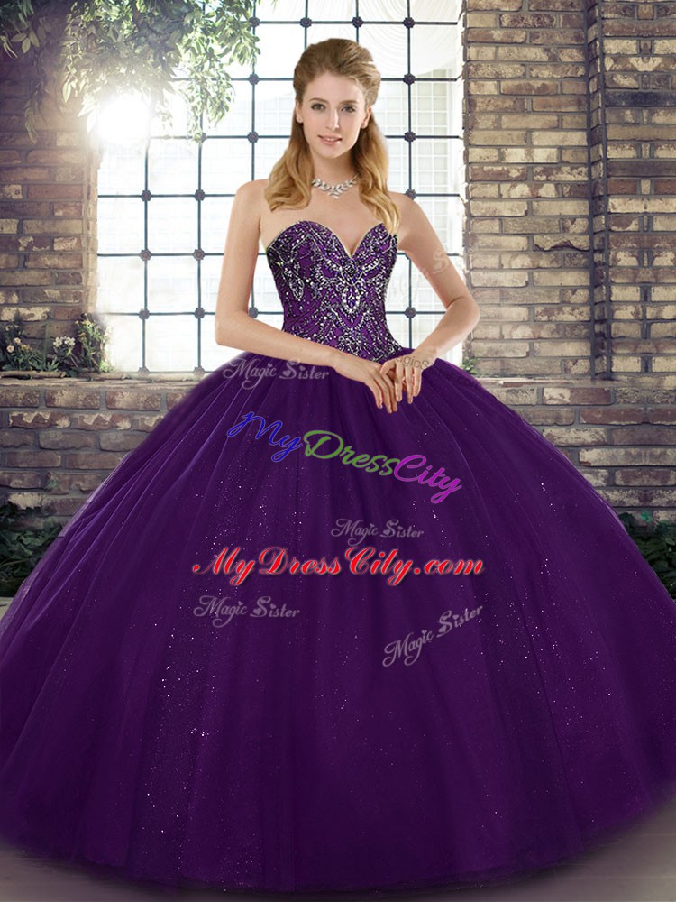 Purple Ball Gowns Sweetheart Sleeveless Tulle Floor Length Lace Up Beading Sweet 16 Quinceanera Dress