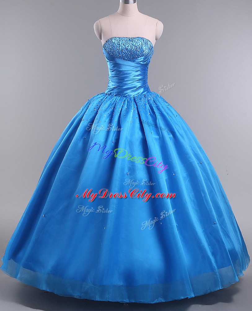 Customized Blue Quinceanera Gown For with Beading Strapless Sleeveless Lace Up