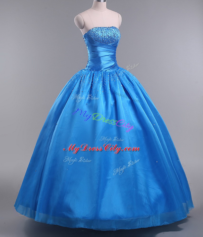 Customized Blue Quinceanera Gown For with Beading Strapless Sleeveless Lace Up