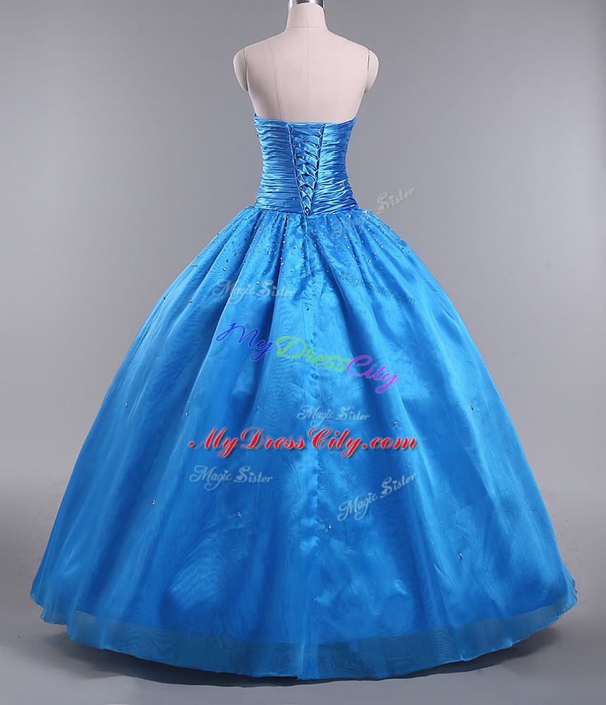 Customized Blue Quinceanera Gown For with Beading Strapless Sleeveless Lace Up