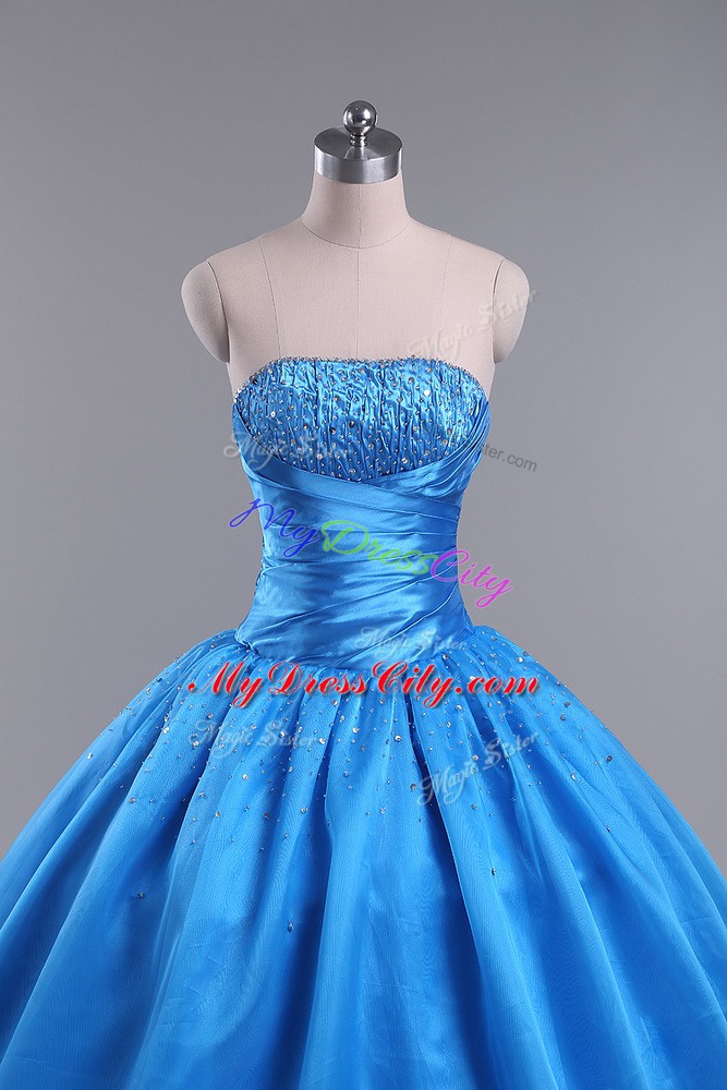 Customized Blue Quinceanera Gown For with Beading Strapless Sleeveless Lace Up