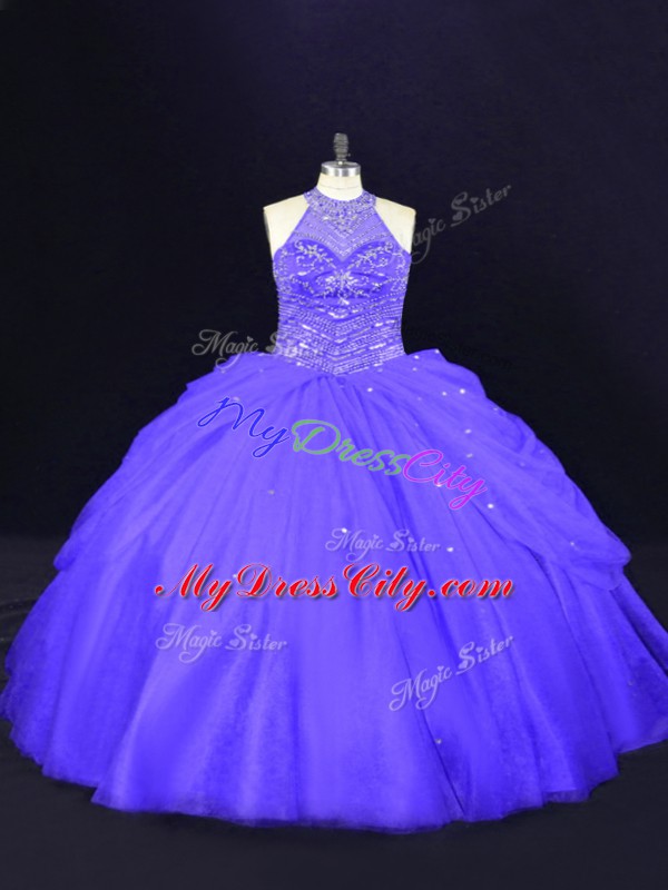 Tulle Halter Top Sleeveless Lace Up Beading Ball Gown Prom Dress in Purple