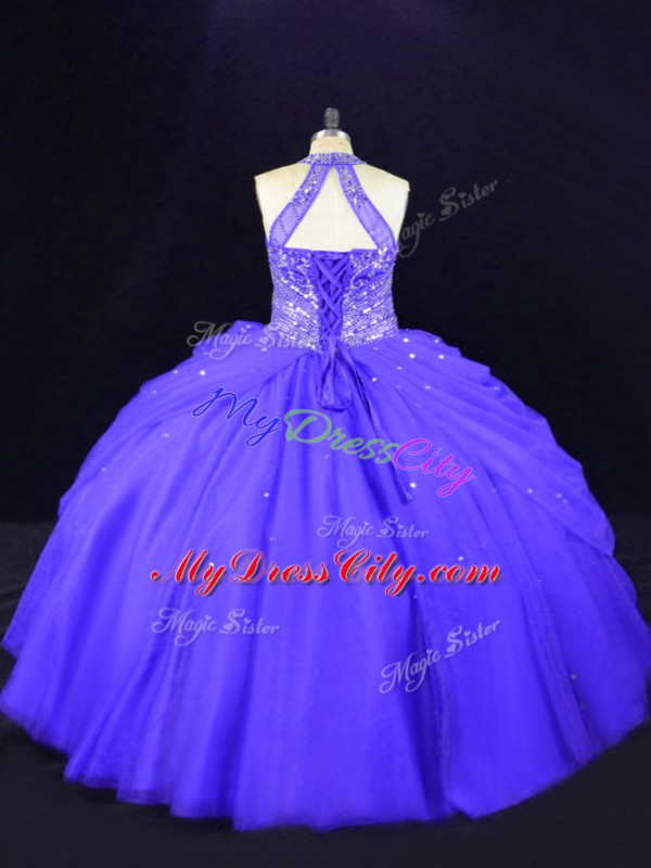 Tulle Halter Top Sleeveless Lace Up Beading Ball Gown Prom Dress in Purple