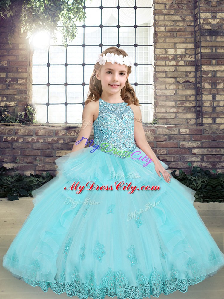 Floor Length Lace Up Pageant Dress for Teens Aqua Blue and In with Beading and Lace and Appliques