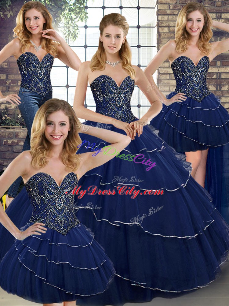 Lovely Navy Blue Sleeveless Brush Train Beading and Ruffled Layers Sweet 16 Quinceanera Dress