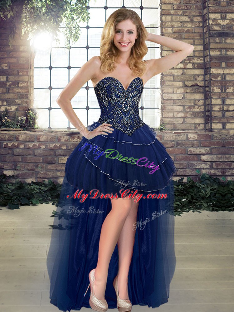 Lovely Navy Blue Sleeveless Brush Train Beading and Ruffled Layers Sweet 16 Quinceanera Dress