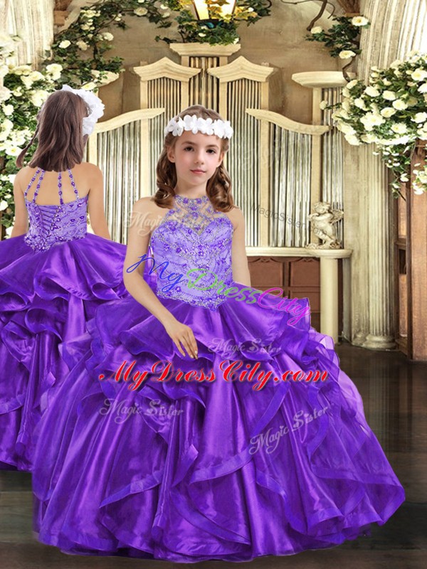 Sleeveless Floor Length Beading and Ruffles Lace Up Evening Gowns with Purple