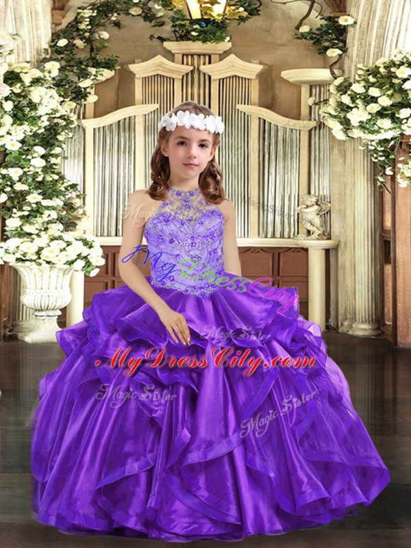 Sleeveless Floor Length Beading and Ruffles Lace Up Evening Gowns with Purple