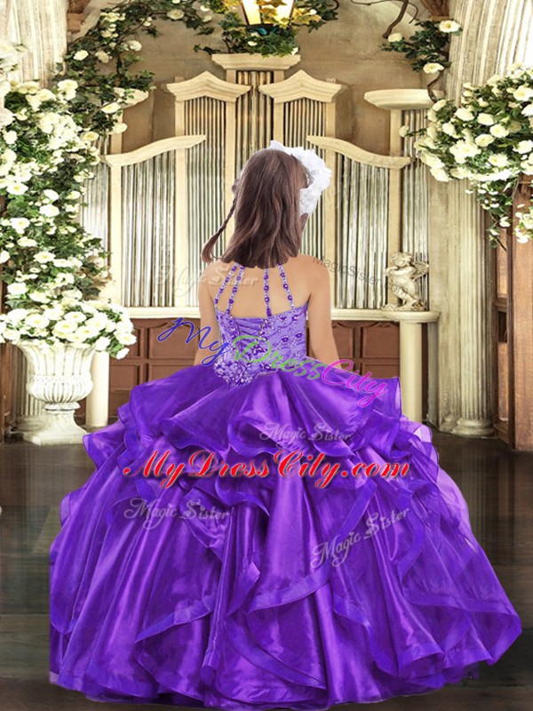 Sleeveless Floor Length Beading and Ruffles Lace Up Evening Gowns with Purple