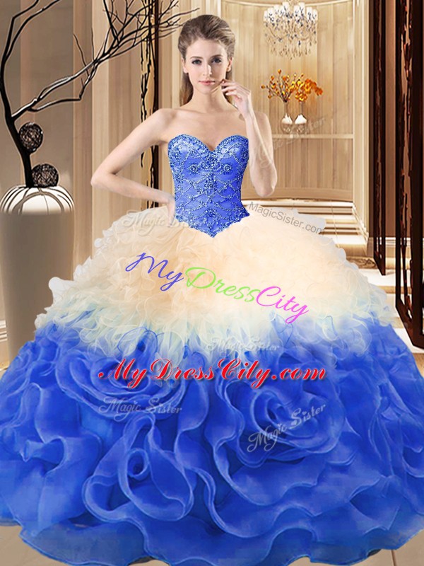 Beading and Ruffles Quinceanera Gown Multi-color Lace Up Sleeveless Floor Length