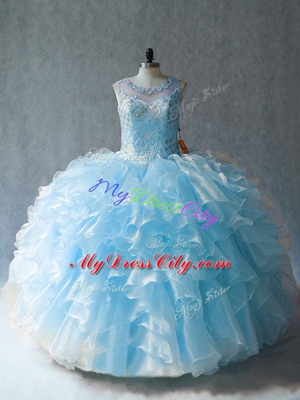 Inexpensive Blue Ball Gowns Scoop Sleeveless Organza Floor Length Lace Up Beading and Ruffles Sweet 16 Dress