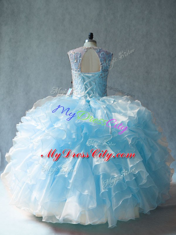 Inexpensive Blue Ball Gowns Scoop Sleeveless Organza Floor Length Lace Up Beading and Ruffles Sweet 16 Dress