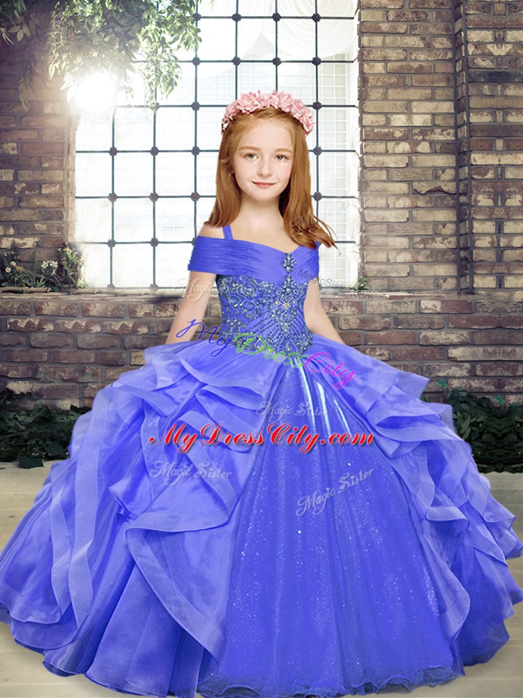 Organza Straps Sleeveless Lace Up Beading and Ruffles Little Girls Pageant Dress Wholesale in Blue