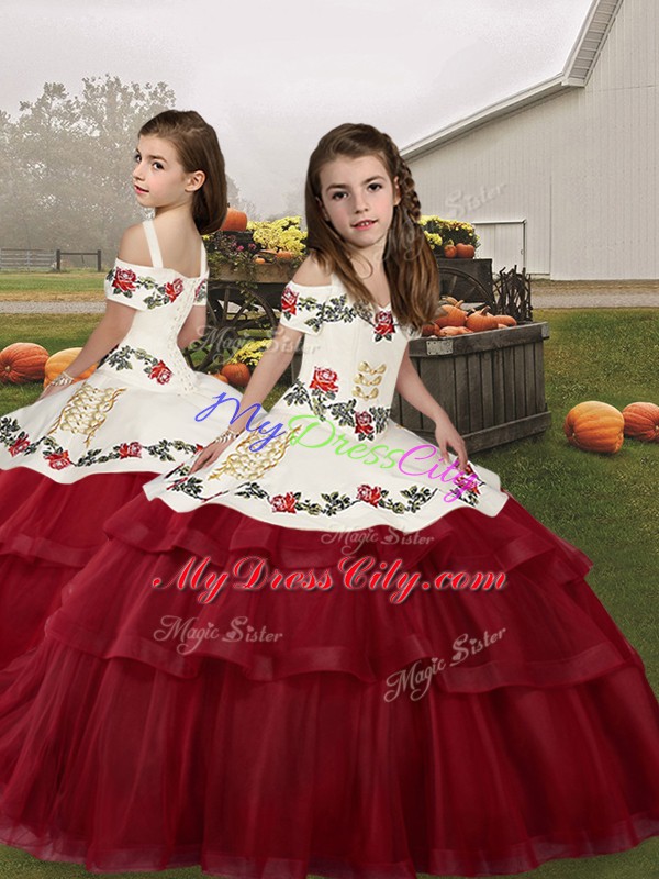 Stylish Wine Red Tulle Lace Up Kids Pageant Dress Sleeveless Floor Length Embroidery