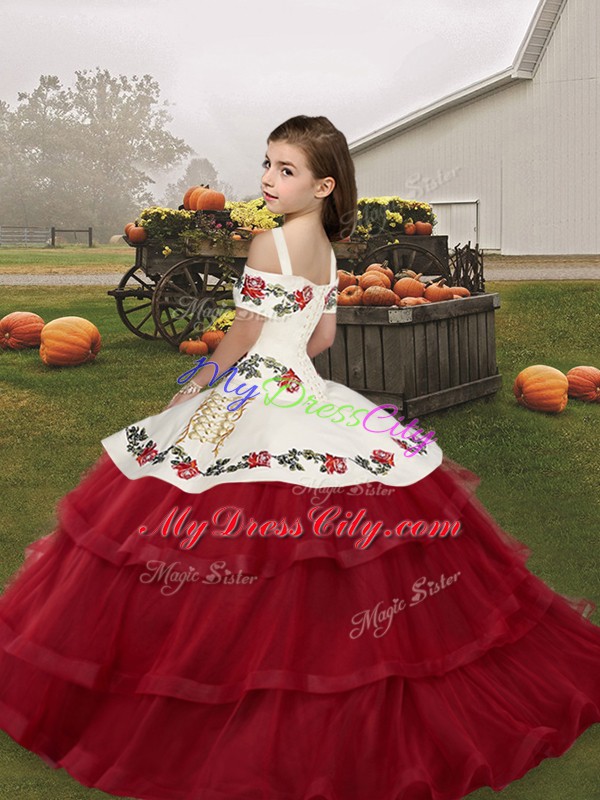 Stylish Wine Red Tulle Lace Up Kids Pageant Dress Sleeveless Floor Length Embroidery