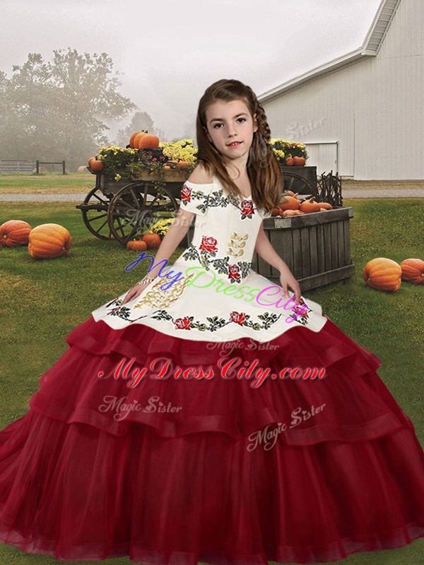 Stylish Wine Red Tulle Lace Up Kids Pageant Dress Sleeveless Floor Length Embroidery