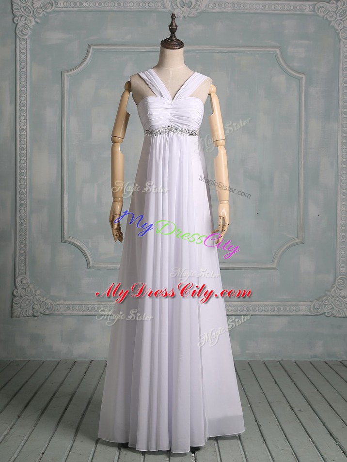 Customized White Chiffon Zipper Straps Sleeveless Floor Length Evening Dress Beading and Ruching