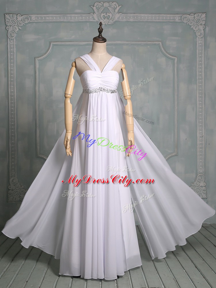 Customized White Chiffon Zipper Straps Sleeveless Floor Length Evening Dress Beading and Ruching