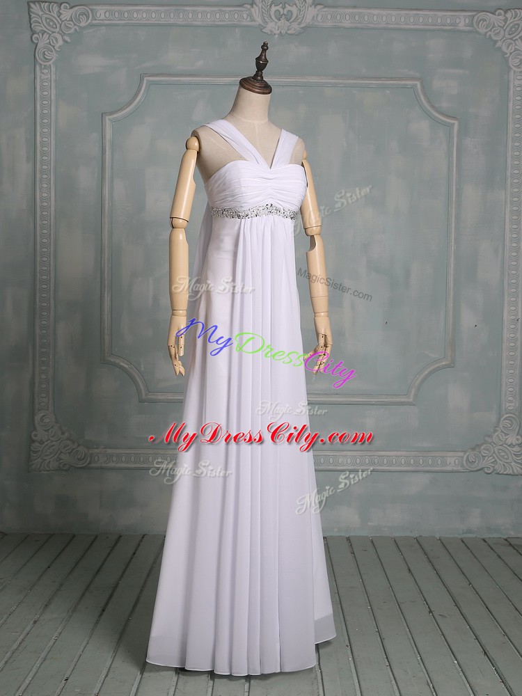 Customized White Chiffon Zipper Straps Sleeveless Floor Length Evening Dress Beading and Ruching