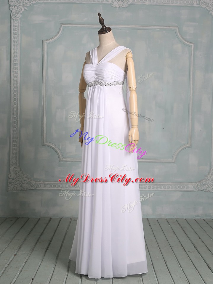 Customized White Chiffon Zipper Straps Sleeveless Floor Length Evening Dress Beading and Ruching