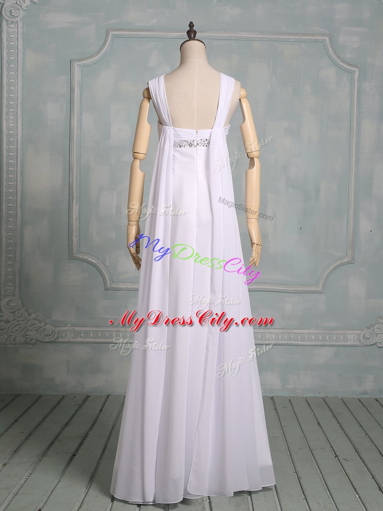 Customized White Chiffon Zipper Straps Sleeveless Floor Length Evening Dress Beading and Ruching