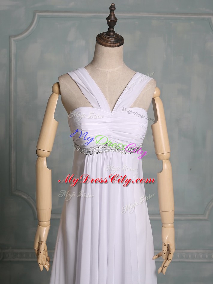 Customized White Chiffon Zipper Straps Sleeveless Floor Length Evening Dress Beading and Ruching