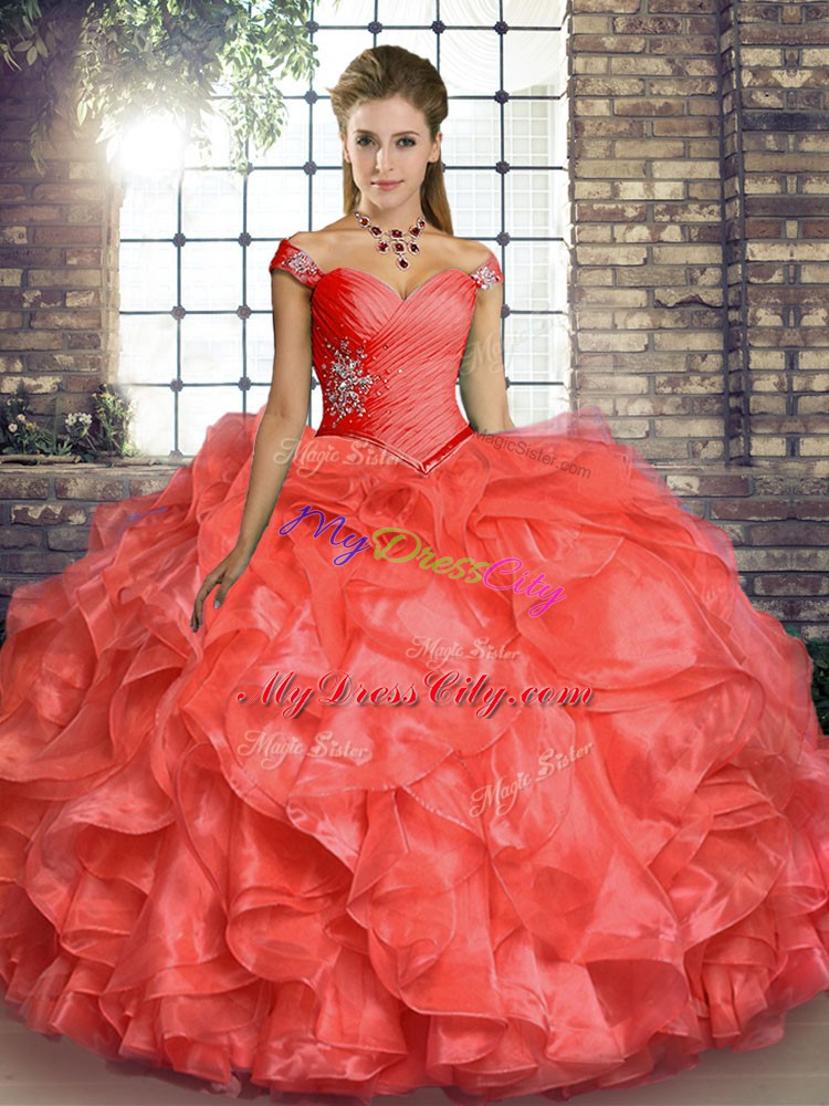 Coral Red Off The Shoulder Neckline Beading and Ruffles Sweet 16 Dress Sleeveless Lace Up