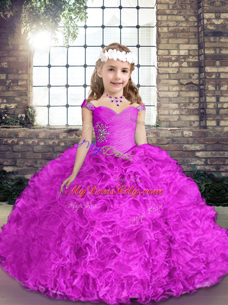 Classical Fuchsia Fabric With Rolling Flowers Lace Up Little Girl Pageant Gowns Sleeveless Floor Length Beading