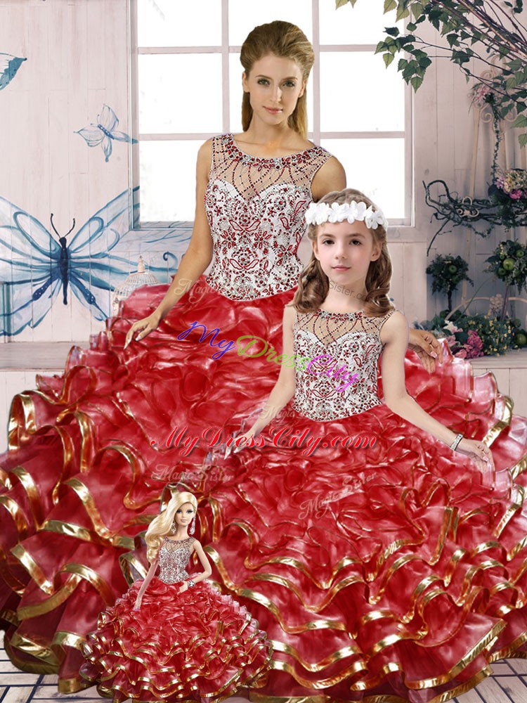 Flare Red Sleeveless Beading and Ruffles Floor Length 15 Quinceanera Dress