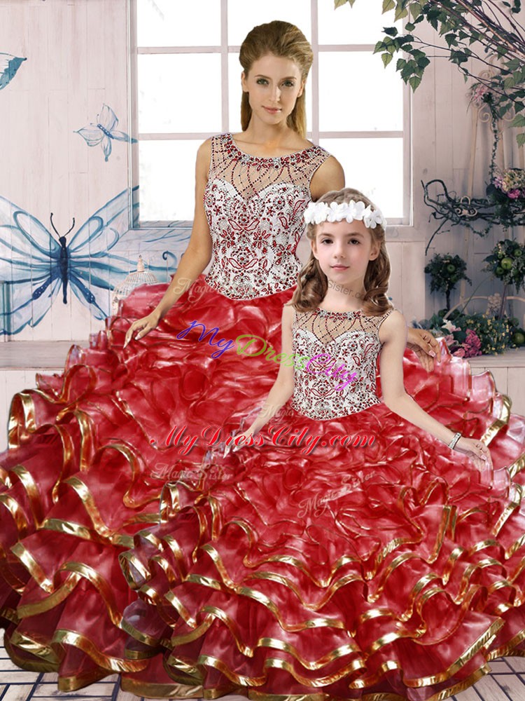 Flare Red Sleeveless Beading and Ruffles Floor Length 15 Quinceanera Dress