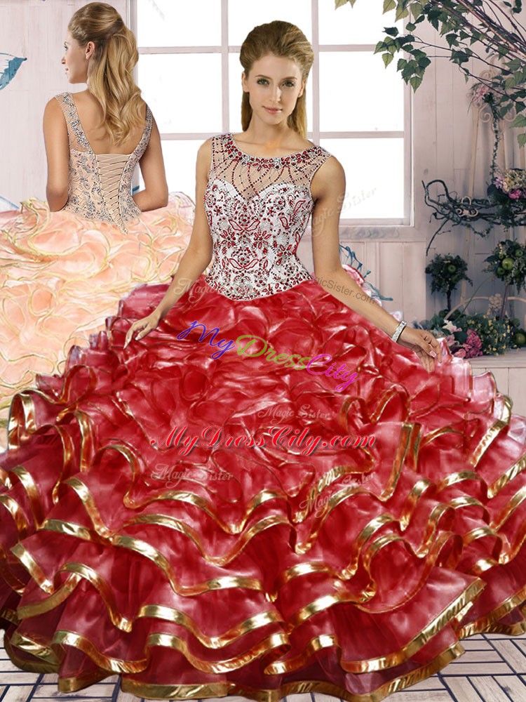 Flare Red Sleeveless Beading and Ruffles Floor Length 15 Quinceanera Dress