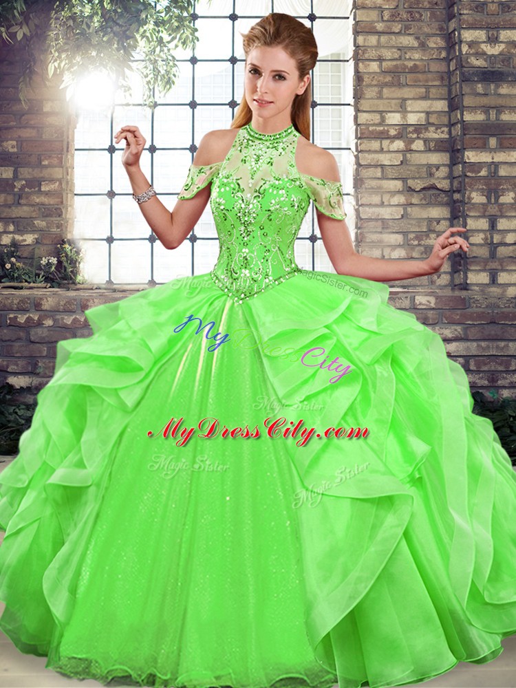 Green Ball Gowns Halter Top Sleeveless Organza Floor Length Lace Up Beading and Ruffles Quince Ball Gowns