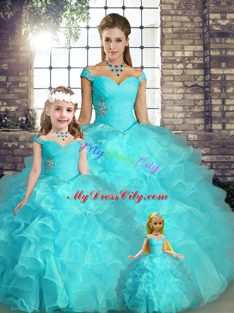 Beading and Ruffles Quinceanera Gown Aqua Blue Lace Up Sleeveless Floor Length