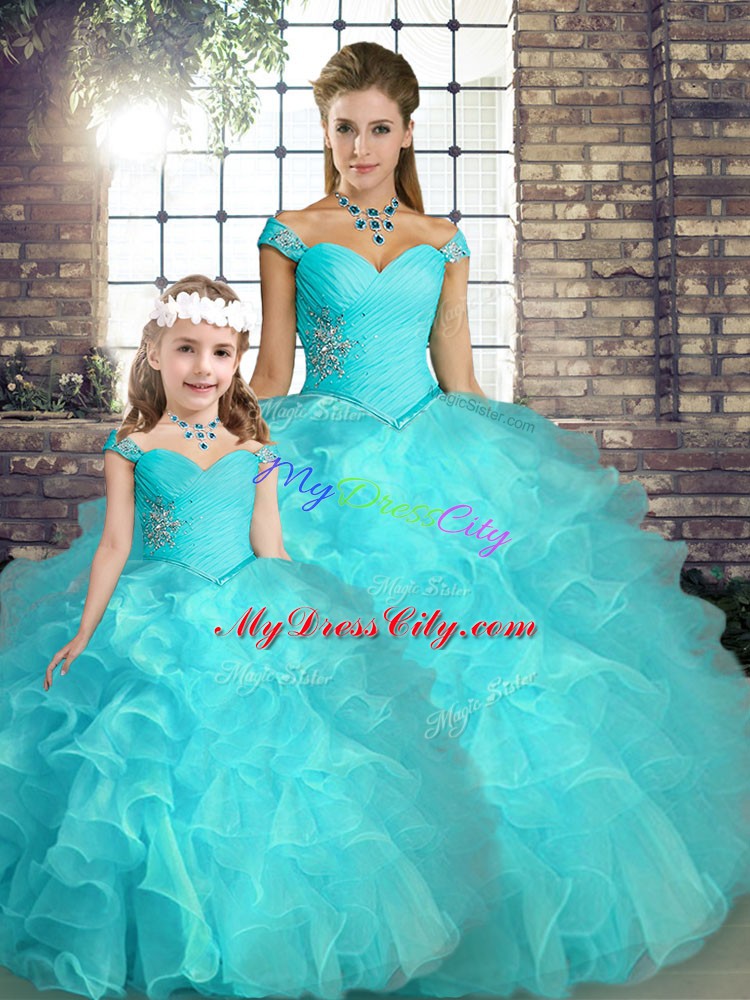 Beading and Ruffles Quinceanera Gown Aqua Blue Lace Up Sleeveless Floor Length