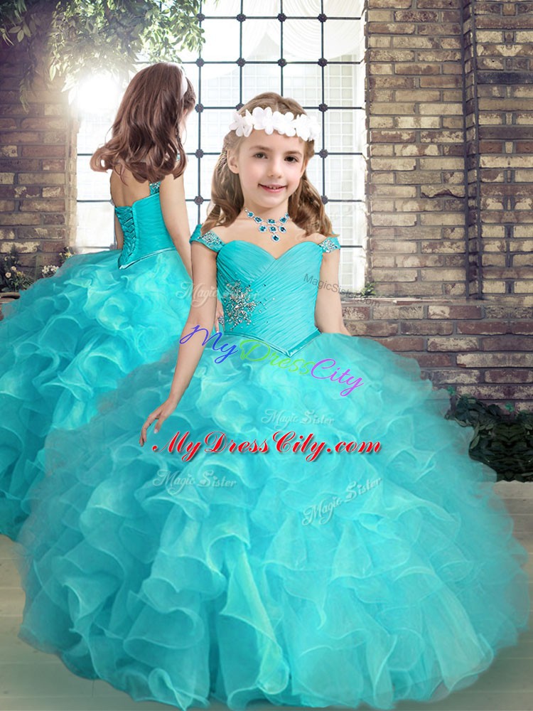 Beading and Ruffles Quinceanera Gown Aqua Blue Lace Up Sleeveless Floor Length