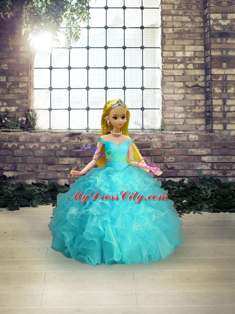 Beading and Ruffles Quinceanera Gown Aqua Blue Lace Up Sleeveless Floor Length