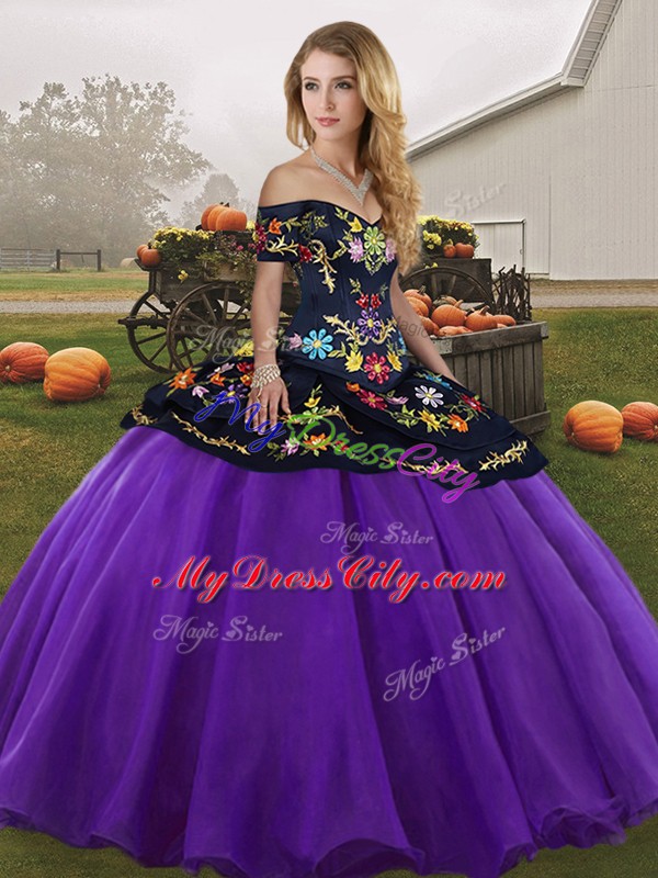 Purple Tulle Lace Up Off The Shoulder Sleeveless Floor Length Quinceanera Dress Embroidery