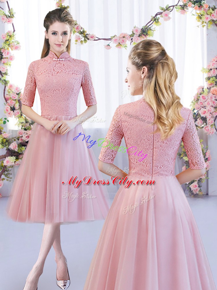 Pink A-line Lace Wedding Party Dress Zipper Tulle Half Sleeves Tea Length