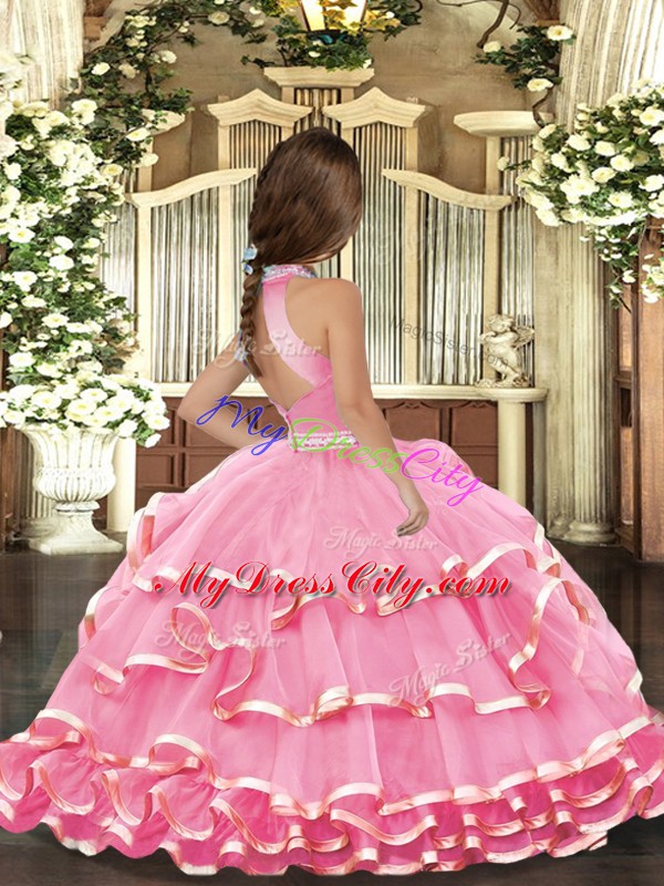 Sleeveless Floor Length Beading and Ruffled Layers Backless Glitz Pageant Dress