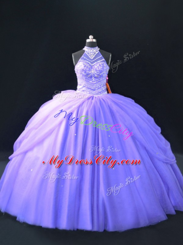 Lavender Quinceanera Dress Sweet 16 and Quinceanera with Beading Halter Top Sleeveless Lace Up